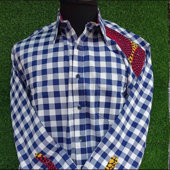 Blue & white checked and African print men’s shirt - Picture 1 of 4